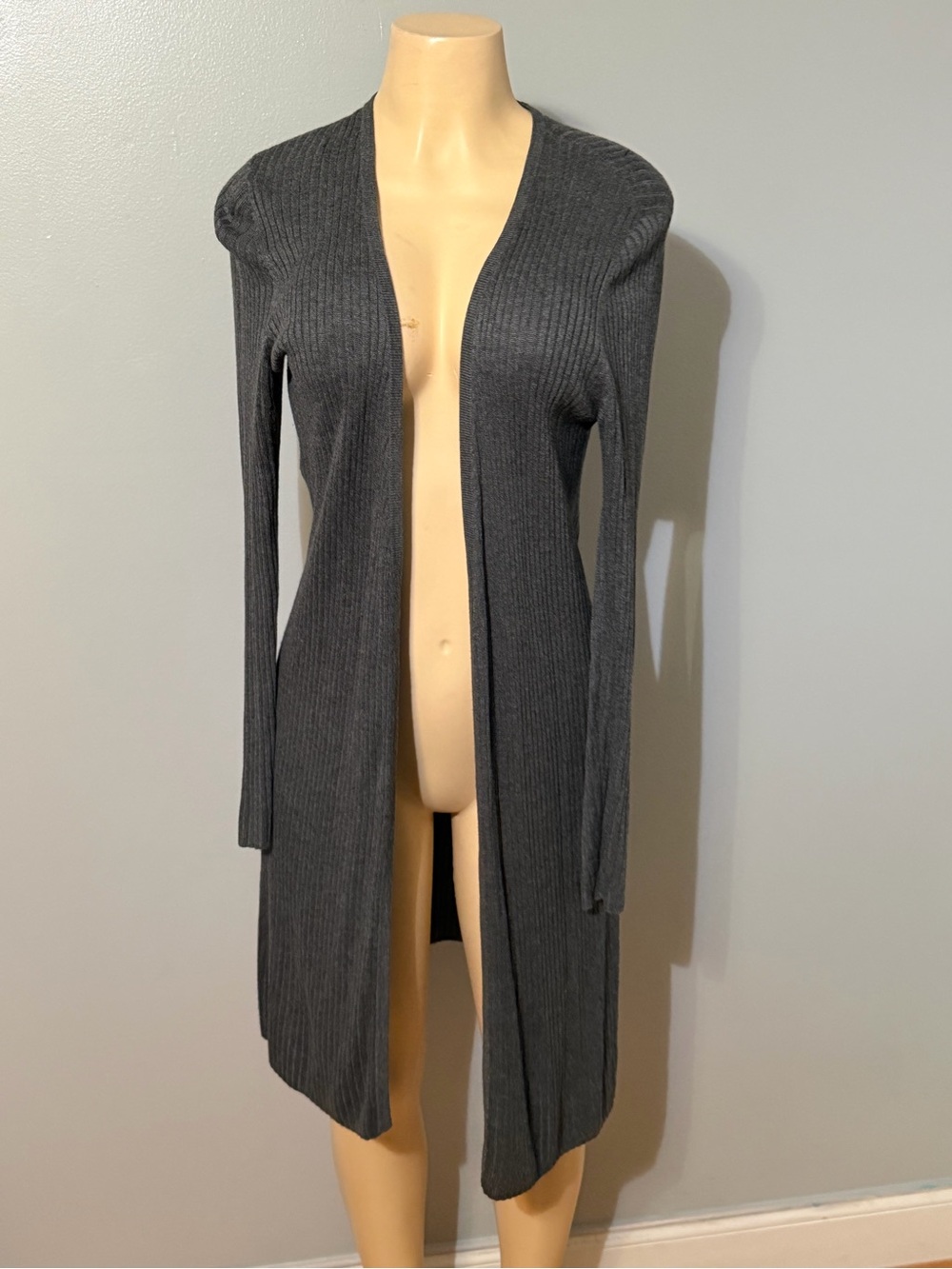 INC International Concepts Long Open-Front Ribbed Cardigan - Charcoal